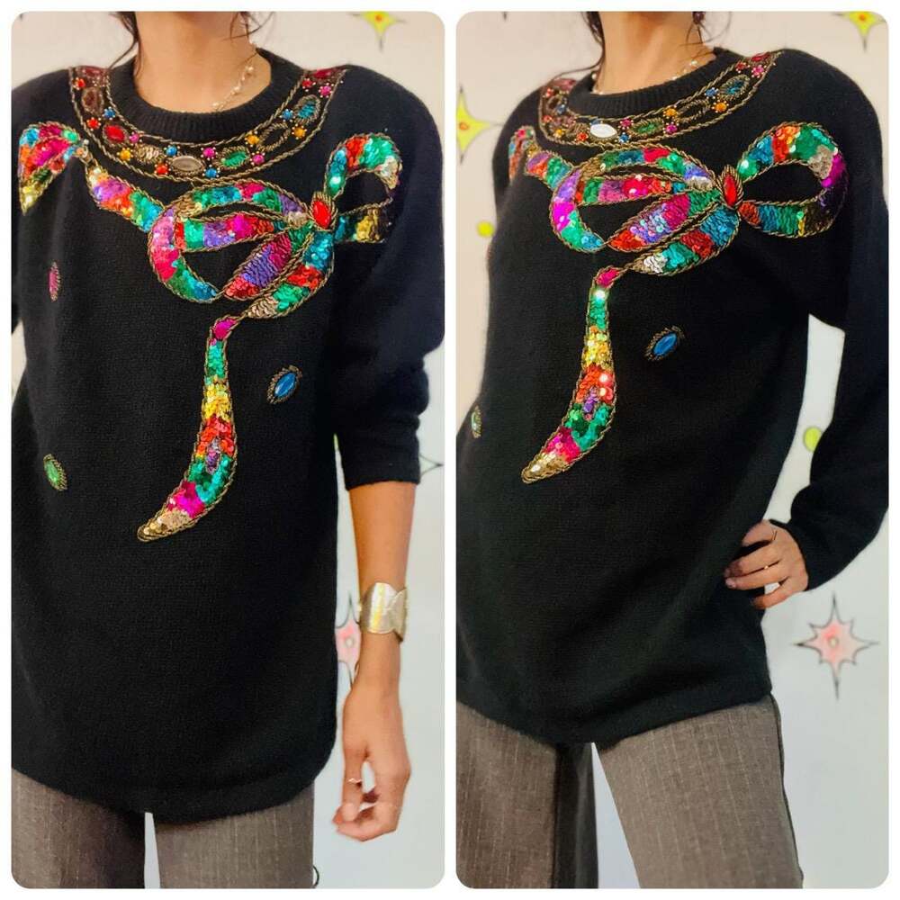 Vintage 80s Rainbow Embellished Christmas Sweater Sequin Beaded Holiday Party L